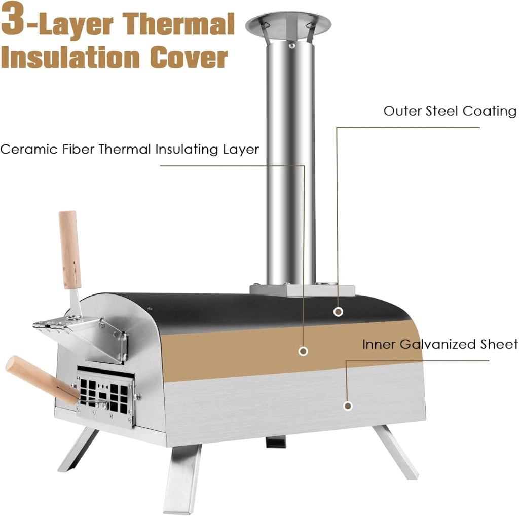 Forno per pizza all'aperto, portatile a legna con pietra per pizza, termometro, forno per pizza in acciaio inox, forno per pizza per barbecue e campeggio