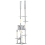 Albero Tiragraffi a Soffitto con Altezza Regolabile 225-255 cm con Casetta e Amaca, Grigio Chiaro