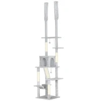 Albero Tiragraffi a Soffitto con Altezza Regolabile 225-255 cm con Casetta e Amaca, Grigio Chiaro