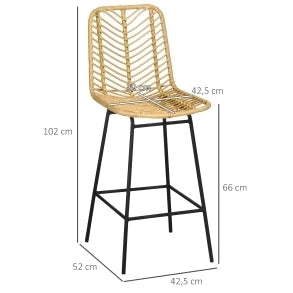 Sgabello da bar 42.5x52x102 cm con poggiapiedi; design boho in rattan; giallo