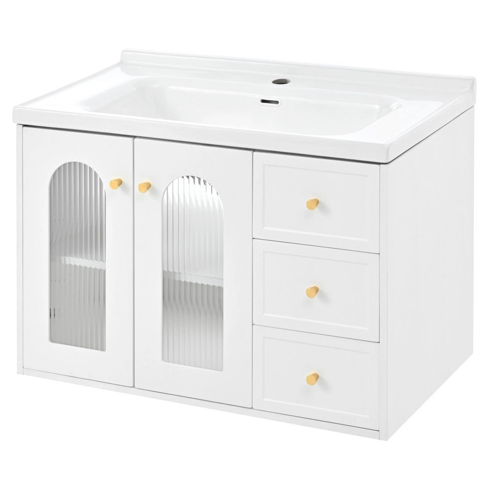 Mobile Bagno Sospeso con Lavabo in Ceramica ¨C Xylo ¨C Bianco, 2 Cassetti, Anta con Ripiani, 80 cm