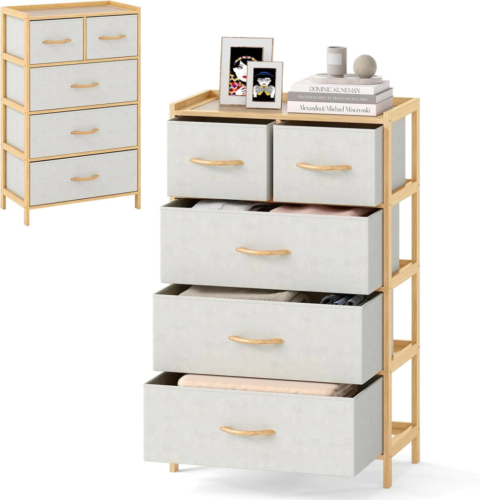 Cassettiera con 5 cassetti in tessuto pieghevole, con telaio in bambù e protezione antiribaltamento, armadio verticale per camera da letto, soggiorno, ufficio, 58 x 30 x 94 cm