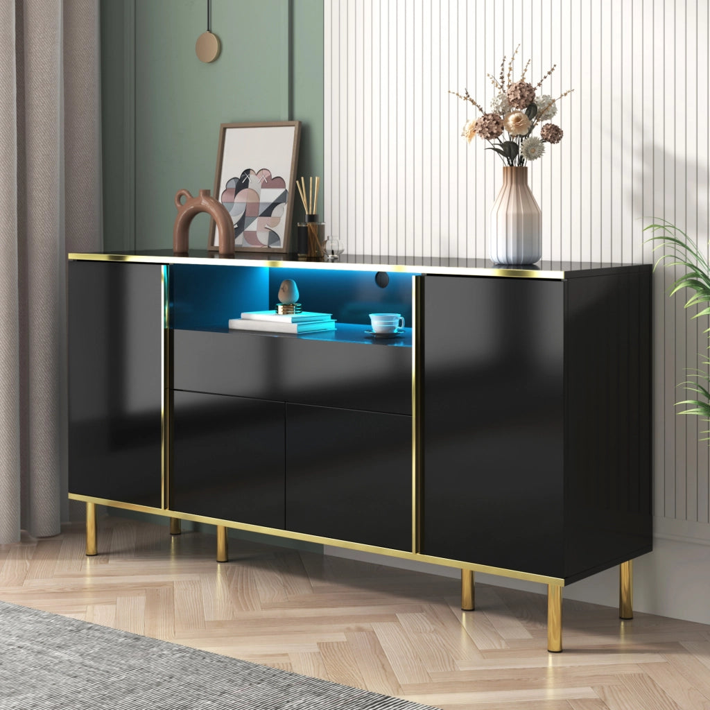 Sideboard nero lucido con 1 cassetto, 4 ante e illuminazione LED, 150x40x80 cm
