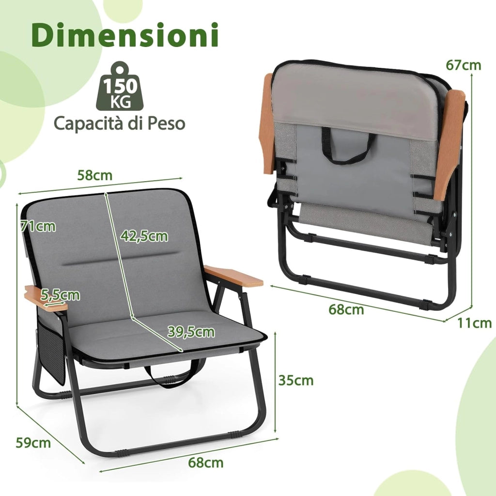 Set di 2 Sedie da Campeggio Pieghevoli, Sedie Portatili da Esterno con Cuscino Rimovibile, Tasca Laterale, Braccioli, Sedie da Spiaggia Resistenti per Esterni, Supporta 150 kg, Grigio
