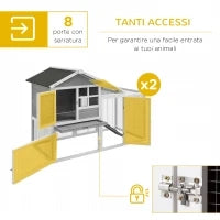 Conigliera in Legno da Esterno con 2 Casette e Area Aperta Recintata con Porte e Rampe, 259x64x92 cm, Grigia