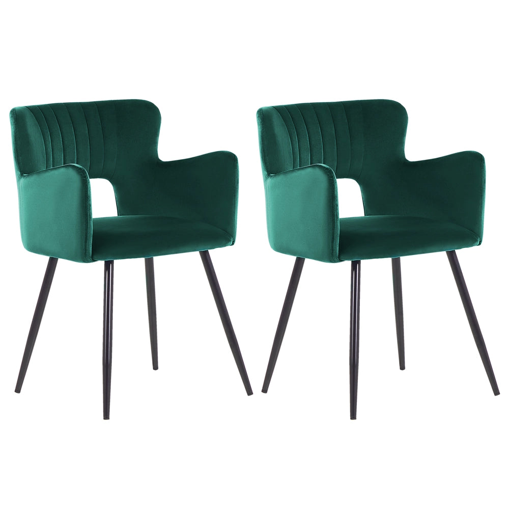 Set di 2 sedie da pranzo velluto verde smeraldo braccioli schienale intagliato gambe in metallo moderna industriale