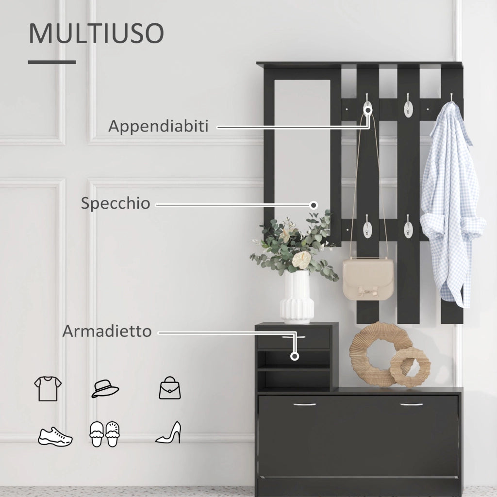 Mobile da Ingresso Appendiabiti con Scarpiera e Specchio, in Truciolato, 90x10x102 cm, Nero