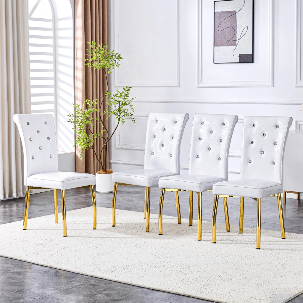 Set di 2 sedie da pranzo con schienale decorato; piedini regolabili e struttura metallica in PVC bianco e oro