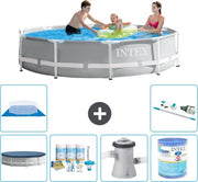 Piscina Rond Prisma in Acciaio - 305 x 76 cm - Grigio - Inclusa Copertura - Kit di Manutenzione - Pompaggio Piscina - Filtro - Copertura del Fondo - Aspirapolvere