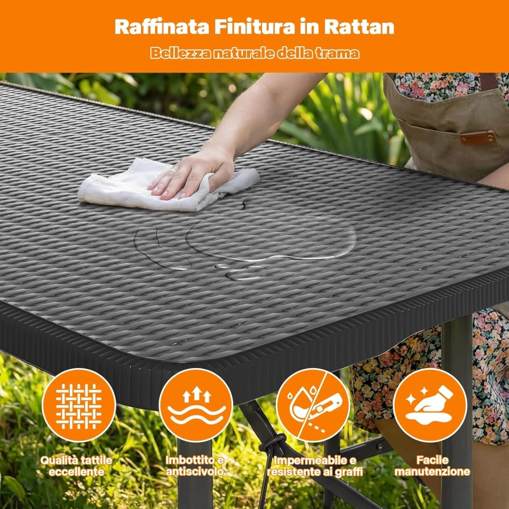 Set 3 Tavoli e Panche Birreria Pieghevoli Rattan, 1 Tavolo 180x74x74cm + 2 Panca da Esterno 180x30x43cm, Robusta Portatile Facile da Pulire Pieghevole Tavolo Birreria con Panche per 6-8 Persone