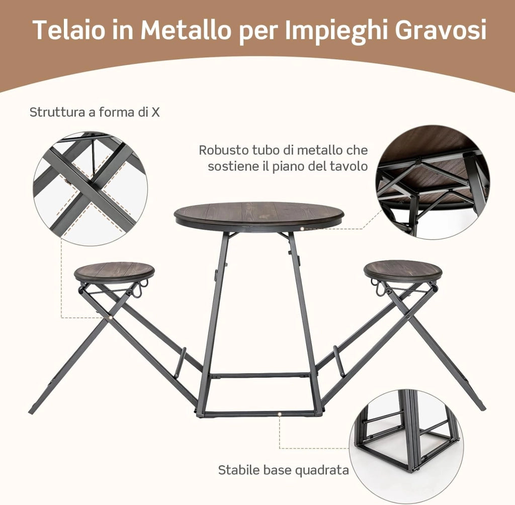 Set Tavolo da Pranzo 3 Pezzi, Tavolo Rotondo e 2 Sgabelli Pieghevoli in Metallo, Set di Mobile per 2 Persone per Piccoli Spazi, Appartamento, Cucina e Sala da Pranzo