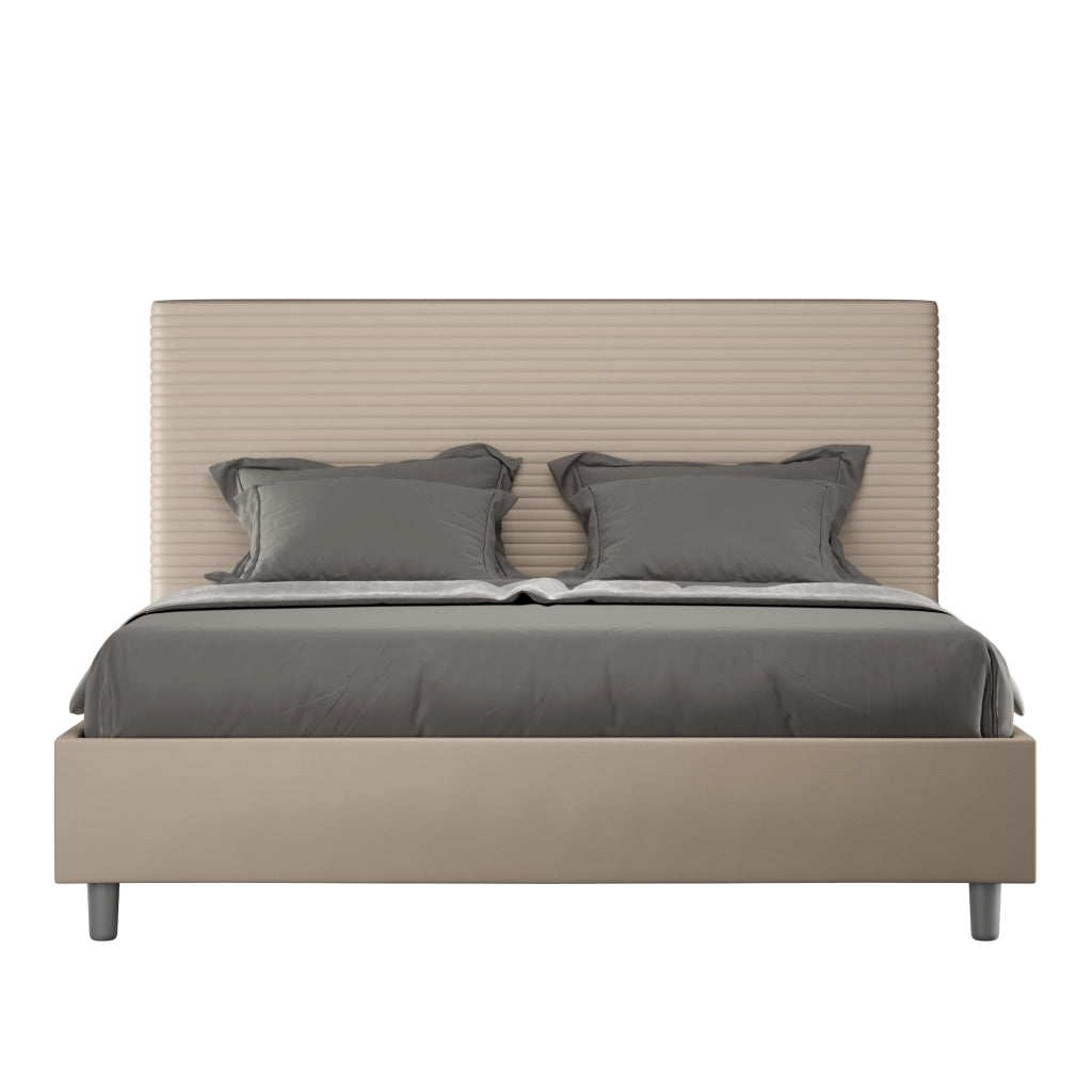 Letto Matrimoniale 160x210 cm con Rete e Contenitore con Testata e Alzata Comoda Imbottito in Similpelle Focus Tortora