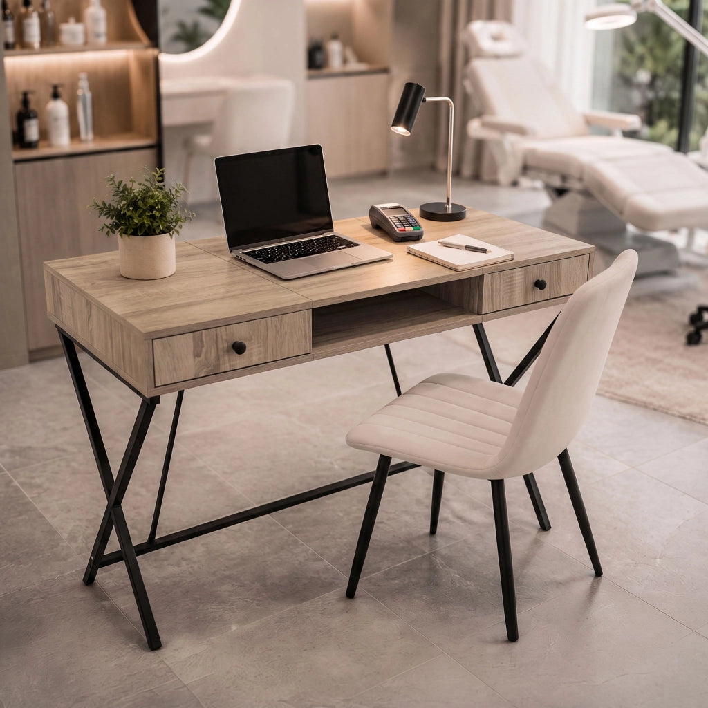 Scrivania PC industriale Rovere Sonoma CROSSLINE 120 cm 2 cassetti 1 ripiano gambe nere
