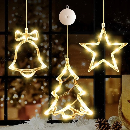 Decorazione di Natale per finestre - Illuminazione di Natale da appendere - Caldo bianco - Funziona con batterie - Con gancio - Stelle, fiocchi di neve, alberi di Natale - Adatto per decorazioni natalizie - 3 pezzi