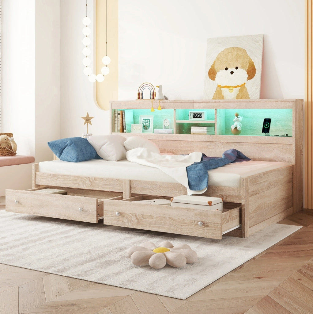 Letto singolo 90x200 con LED, USB, prese e 2 cassetti