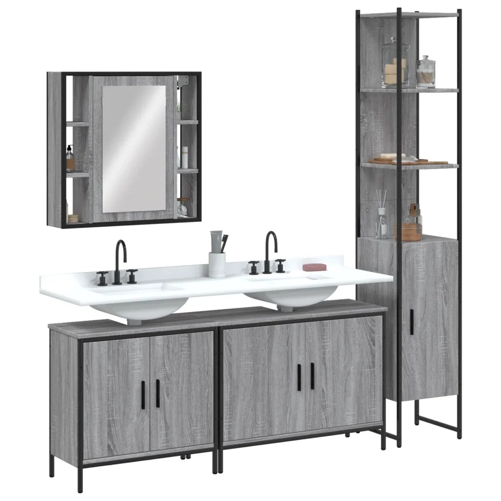 Set Mobili da Bagno | Armadio da bagno 4 pz Grigio Sonoma in Legno Multistrato