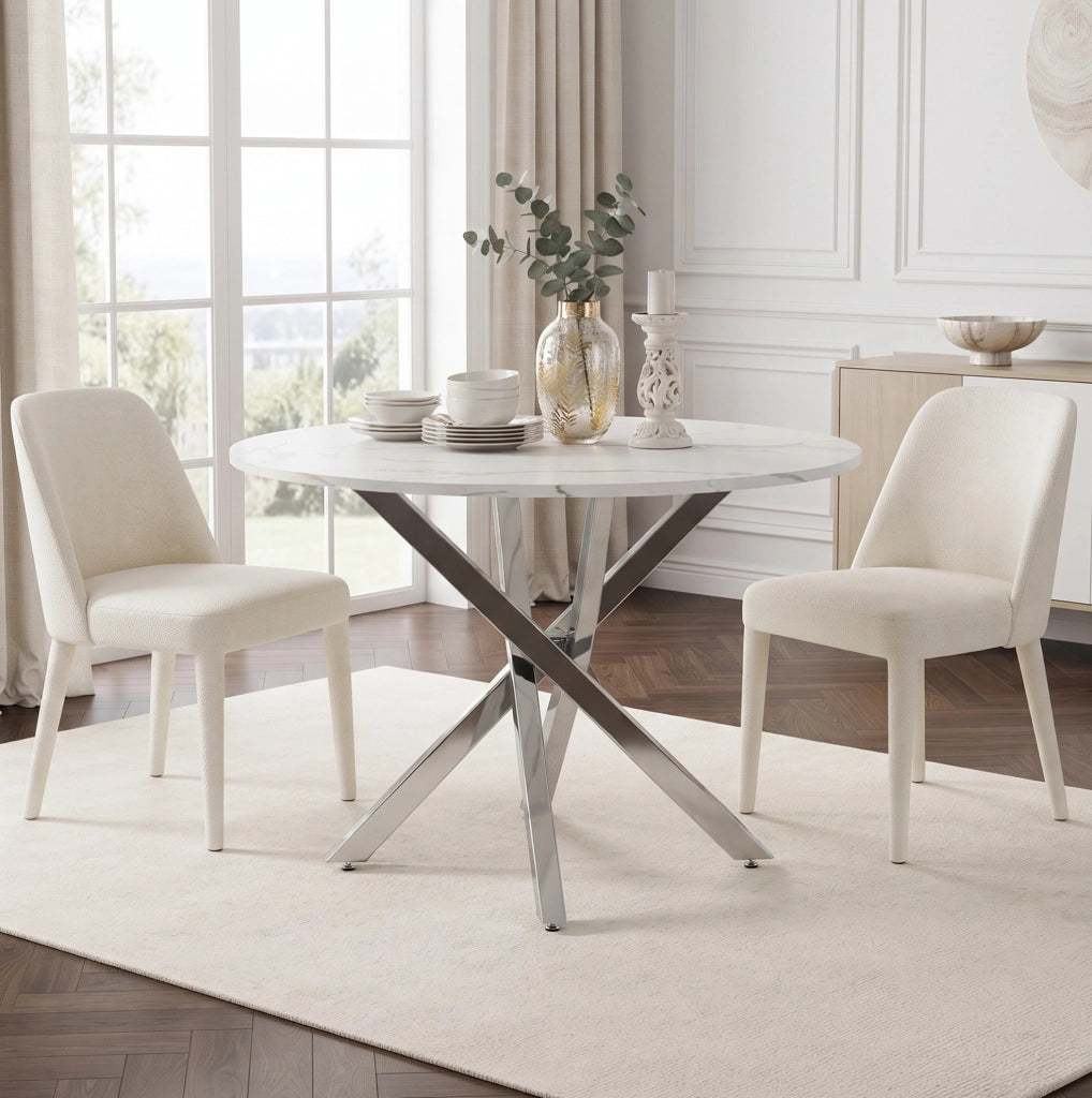 Tavolo rotondo 80 cm con piano effetto marmo; gambe cromate; MDF; bianco e argento