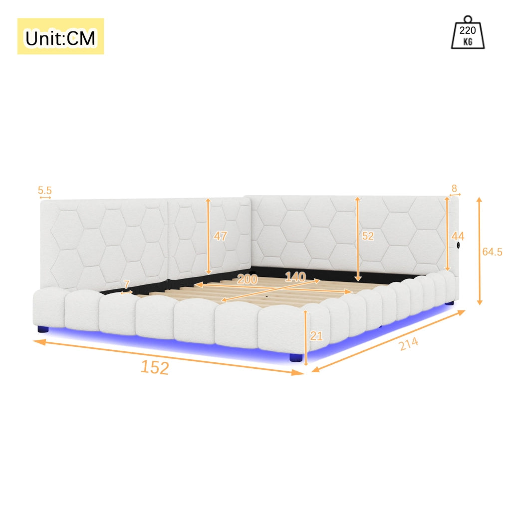 LETTO Giorno 140x200 cm con illuminazione LED, USB e Type-C, Bianco