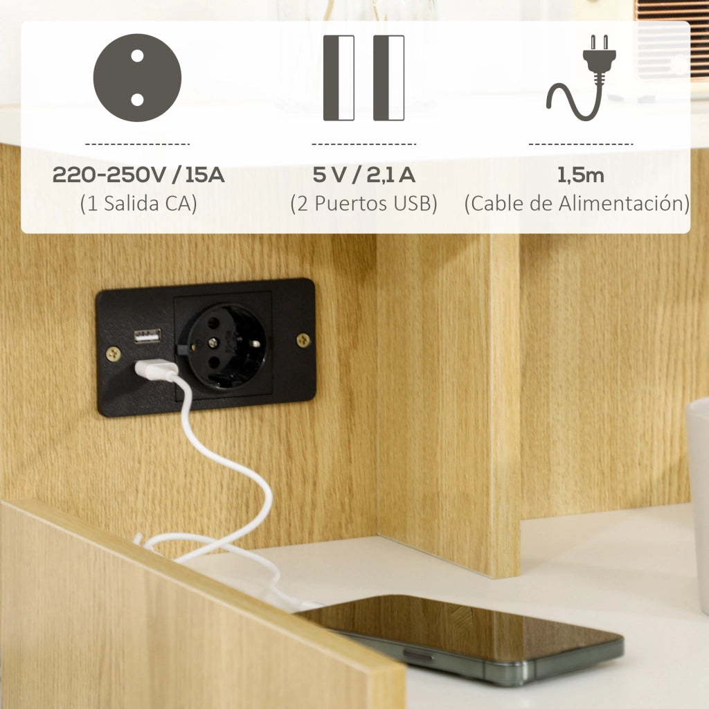 Comodino con USB, presa, cassetto e ripiani ¨C zephmum ¨C 40x40x60 cm, naturale