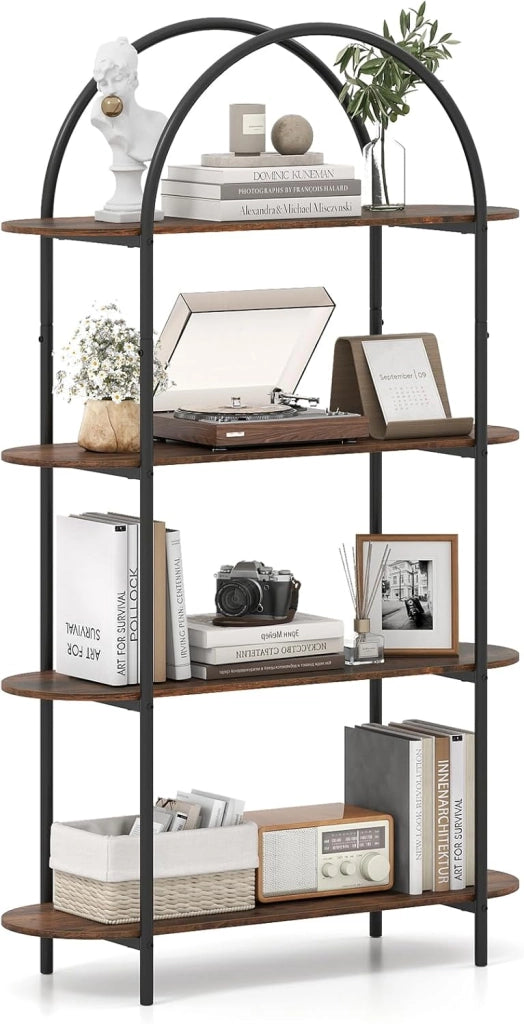 Libreria a Forma di Arco a 4 Ripiani, Scaffale Portaoggetti Aperta con Struttura Metallica, Organizer Espositivo Autoportante per Soggiorno, Ufficio e Camera da Letto, 95x34x156cm (Bianco)