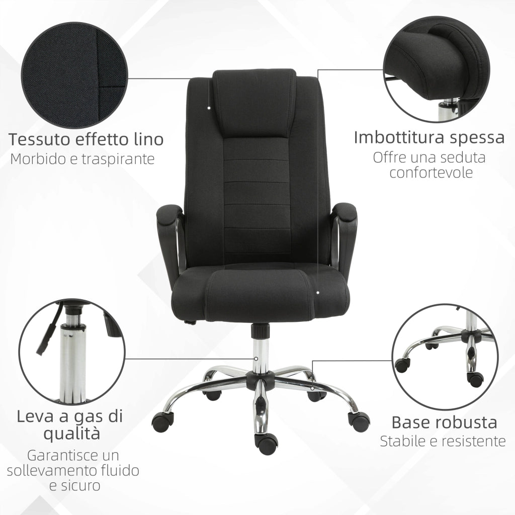 Sedia da Ufficio Ergonomica Basculante e Imbottita 62x76x110-119 cm in Poliestere Effetto Lino Nero