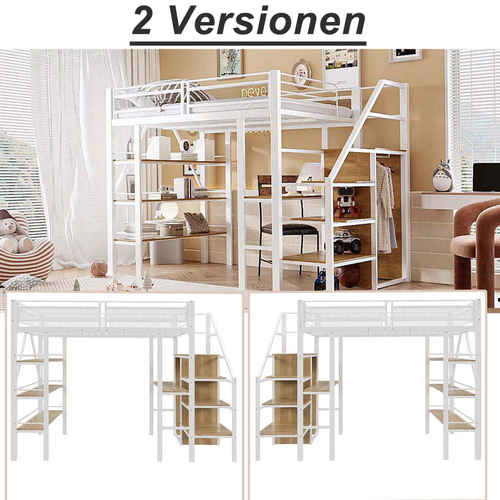 Letto alto bianco in metallo con scrivania armadio e scaffali a tre livelli 140x200 cm