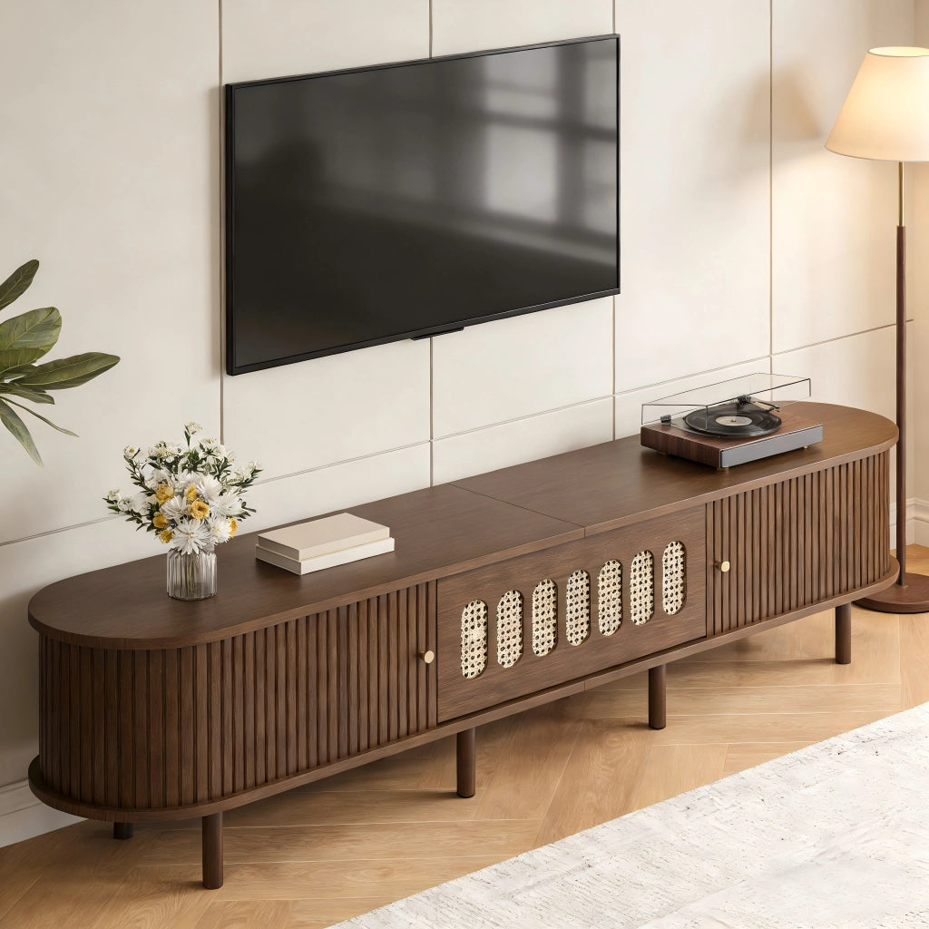 Mobile porta TV con 1 anta a ribalta in rattan e 2 ante a serranda, 5 vani chiusi, per soggiorno, in MDF, noce, 180 × 40 × 40 cm