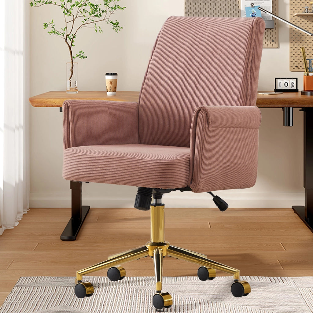 Sedia da ufficio girevole ergonomica con supporto lombare, base dorata e imbottitura in velluto a coste rosa