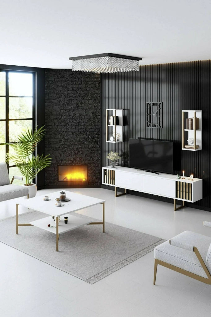 Mobile porta TV Artinay, Credenza da soggiorno, Armadio basso per TV, Base parete attrezzata, 180x30h48 cm, Bianco e Oro