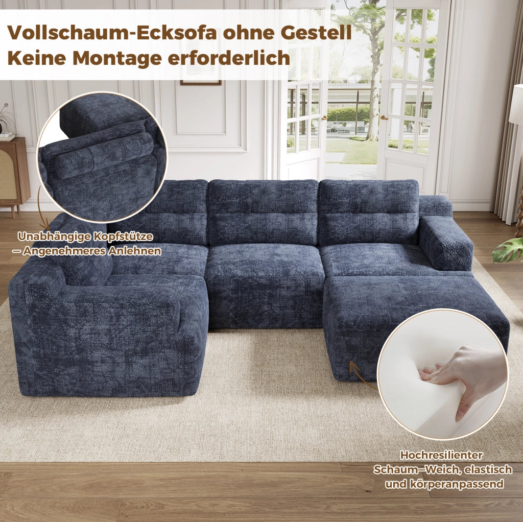 Divano modulare a U 5-6 posti con pouf in ciniglia blu