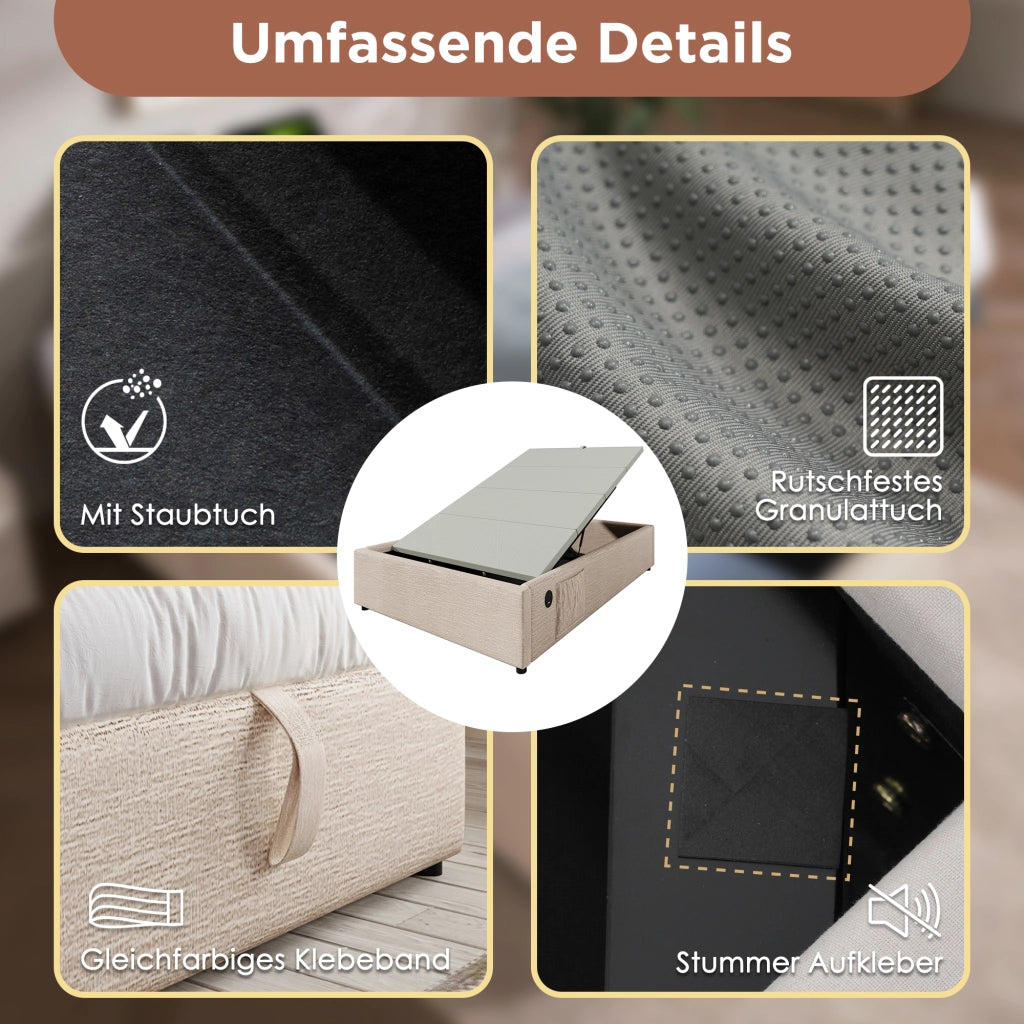Letto matrimoniale imbottito con porta USB 160x200 cm lino beige naturale
