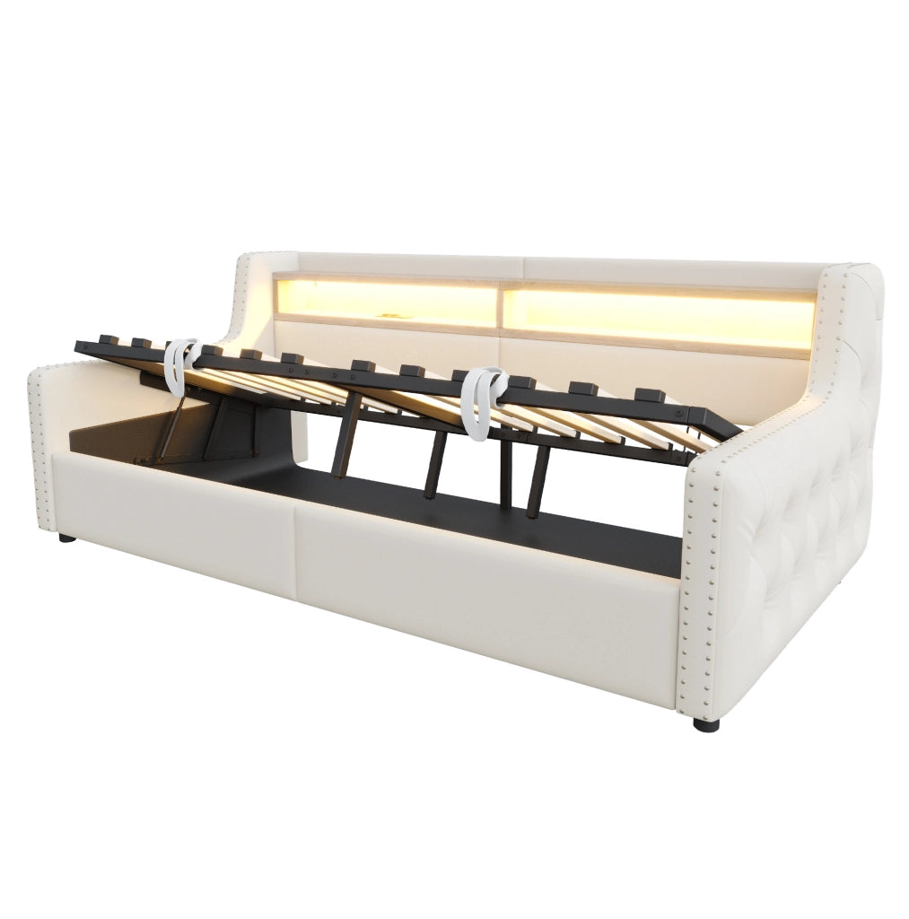 Letto imbottito 90x200 cm con contenitore, LED e testiera multifunzione