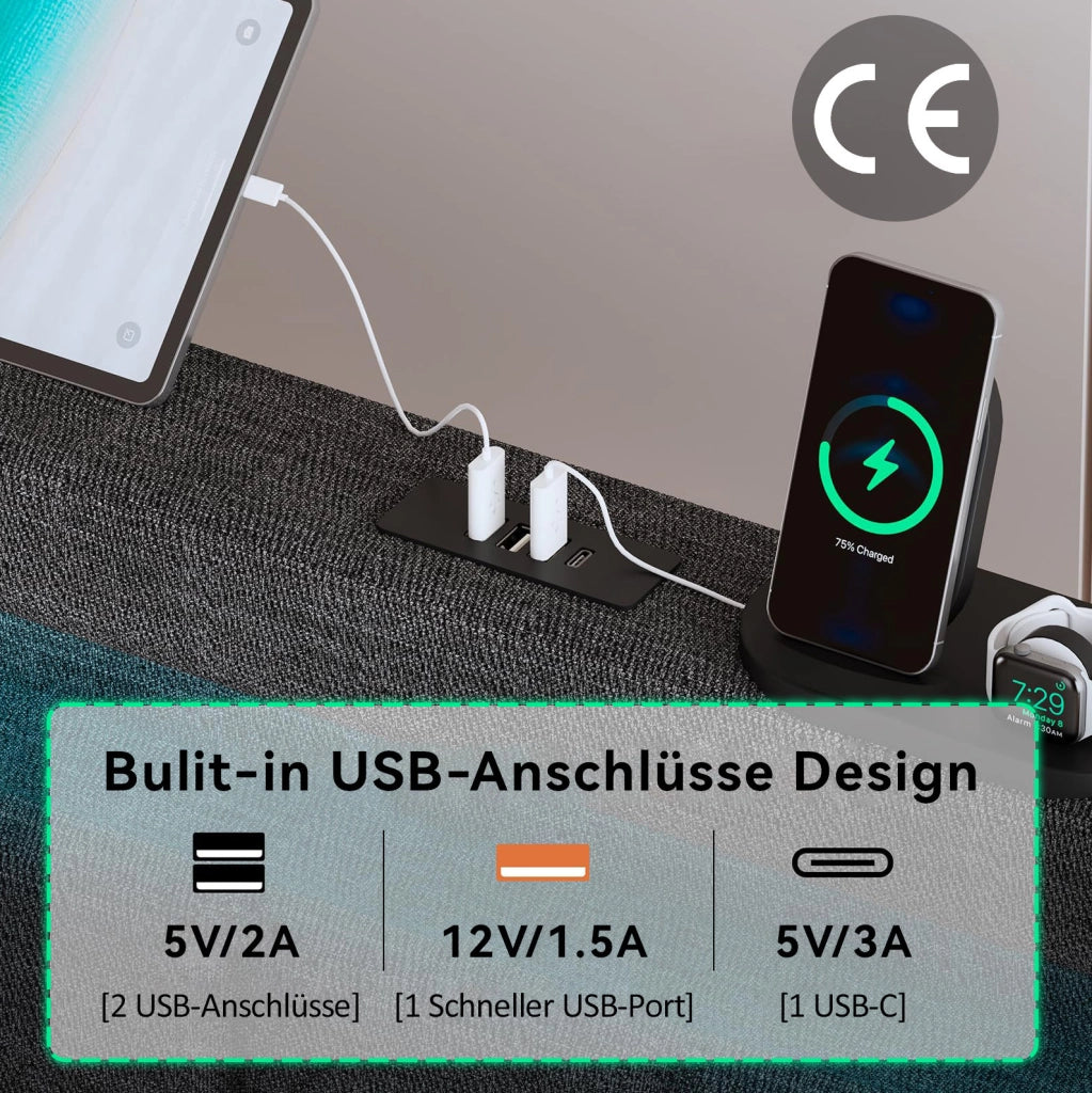 Letto matrimoniale 140x200 cm in lino grigio con USB; USB-C; LED e 4 cassetti