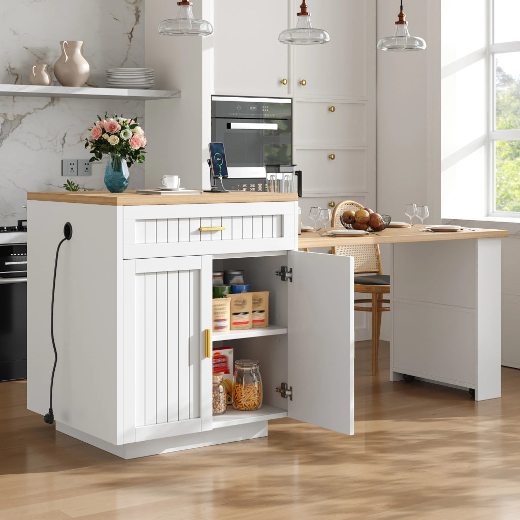 Isola cucina allungabile con presa integrata, 121,5-192 cm, bianca