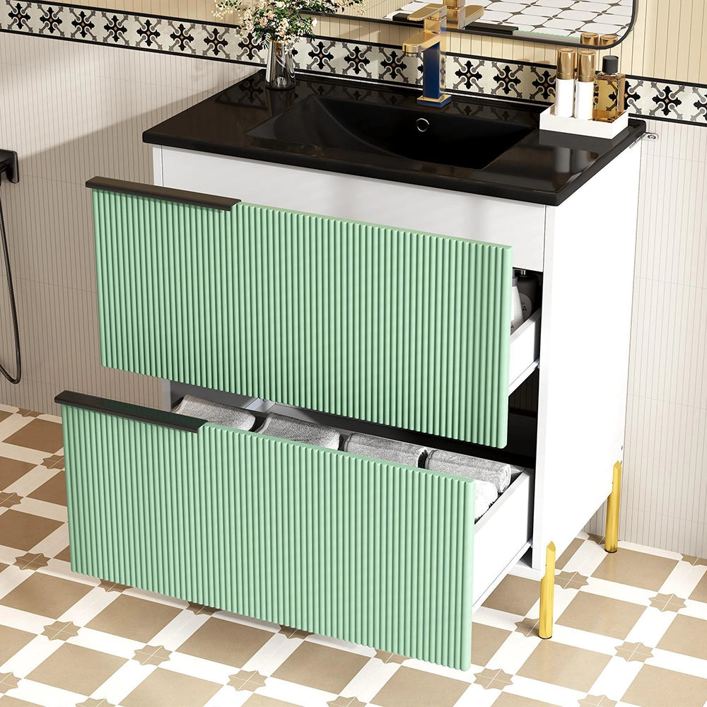 Armadio bagno con lavabo in ceramica - Xylo - Verde con cassetti