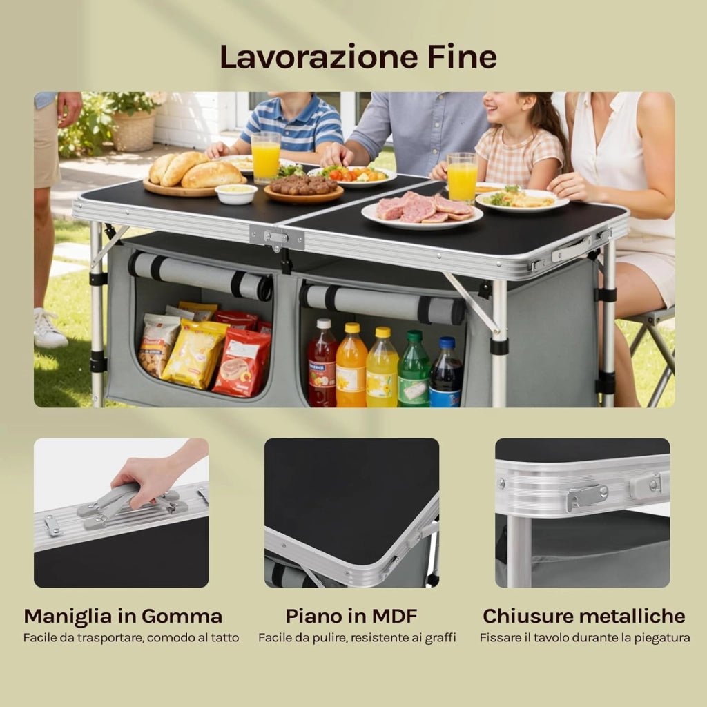 Tavolo da Picnic Pieghevole, Mobile Cucina da Campeggio, Esterno, in MDF e alluminio con 2 Scomparti Regolabili in Altezza, 120 x 47 x 62/69.5 cm