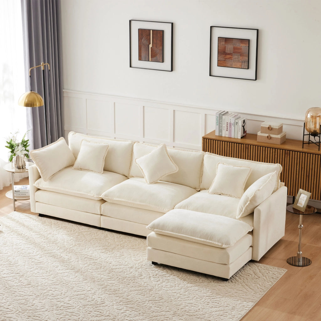 SOFA Angolare L 283x147x84 cm in ciniglia beige con pouf mobile