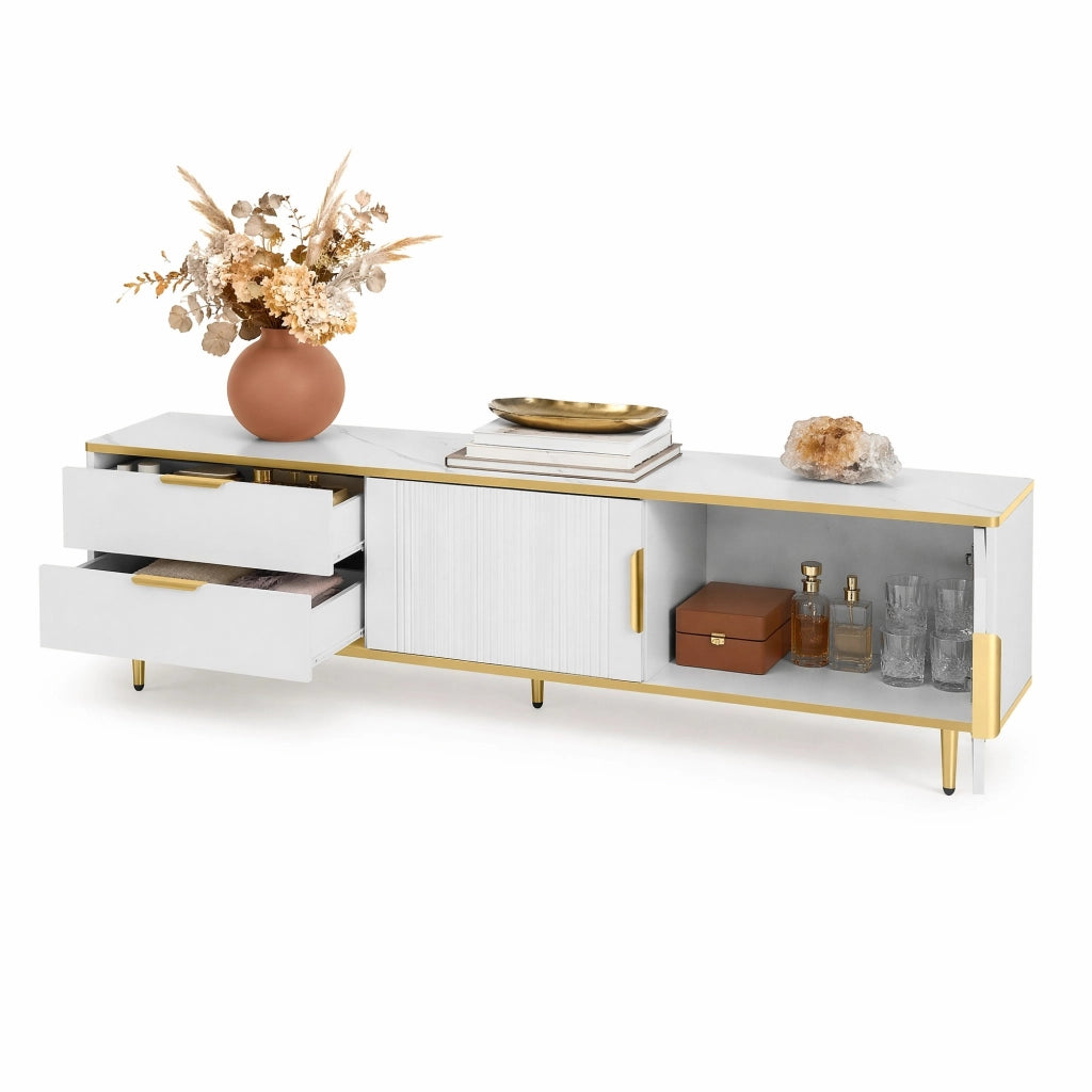 Mobile TV moderno bianco e oro con 2 cassetti e vani contenitore, 170 cm