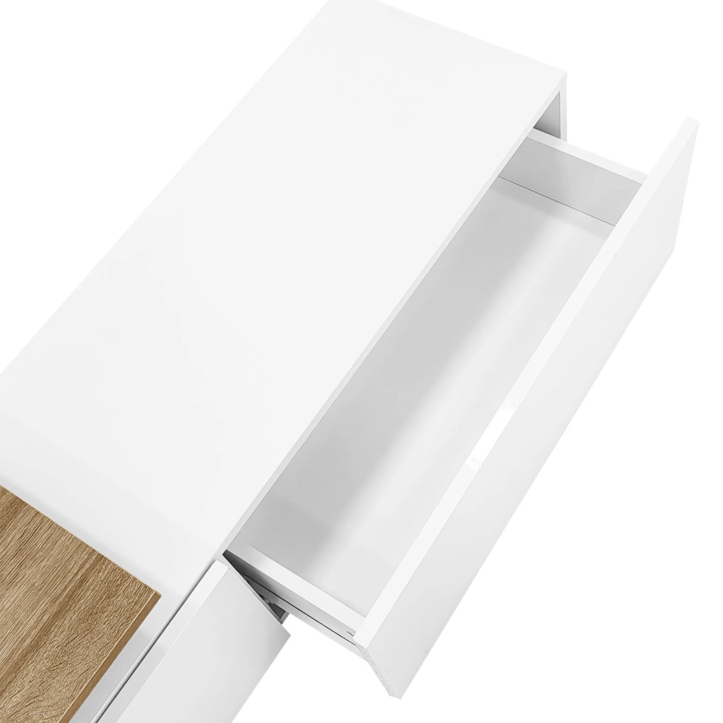 Mobile TV 170x33x33.5 cm; ripiani in vetro e LED a 16 colori; pannello truciolare; bianco e naturale