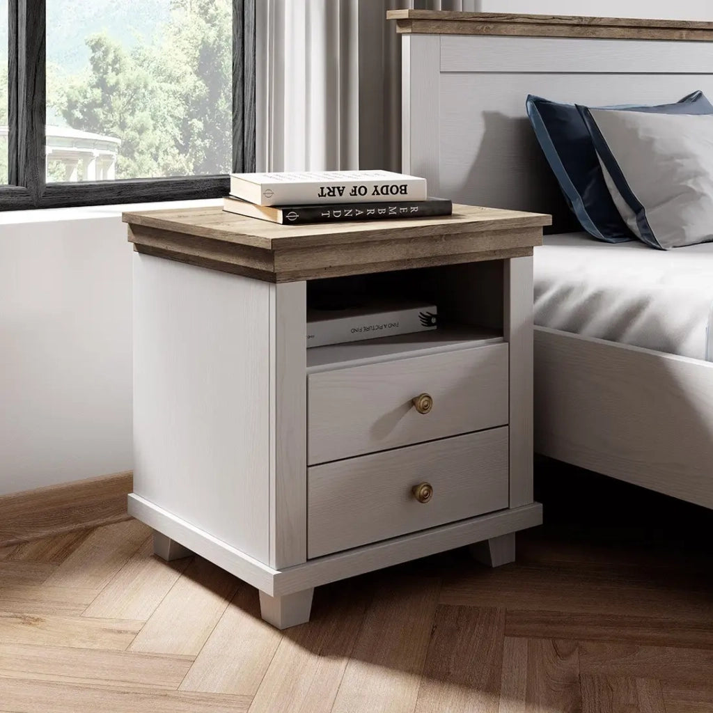 Tavolino da notte ASSIA – 2 cassetti + 1 vano – Bianco e rovere – Stile scandinavo