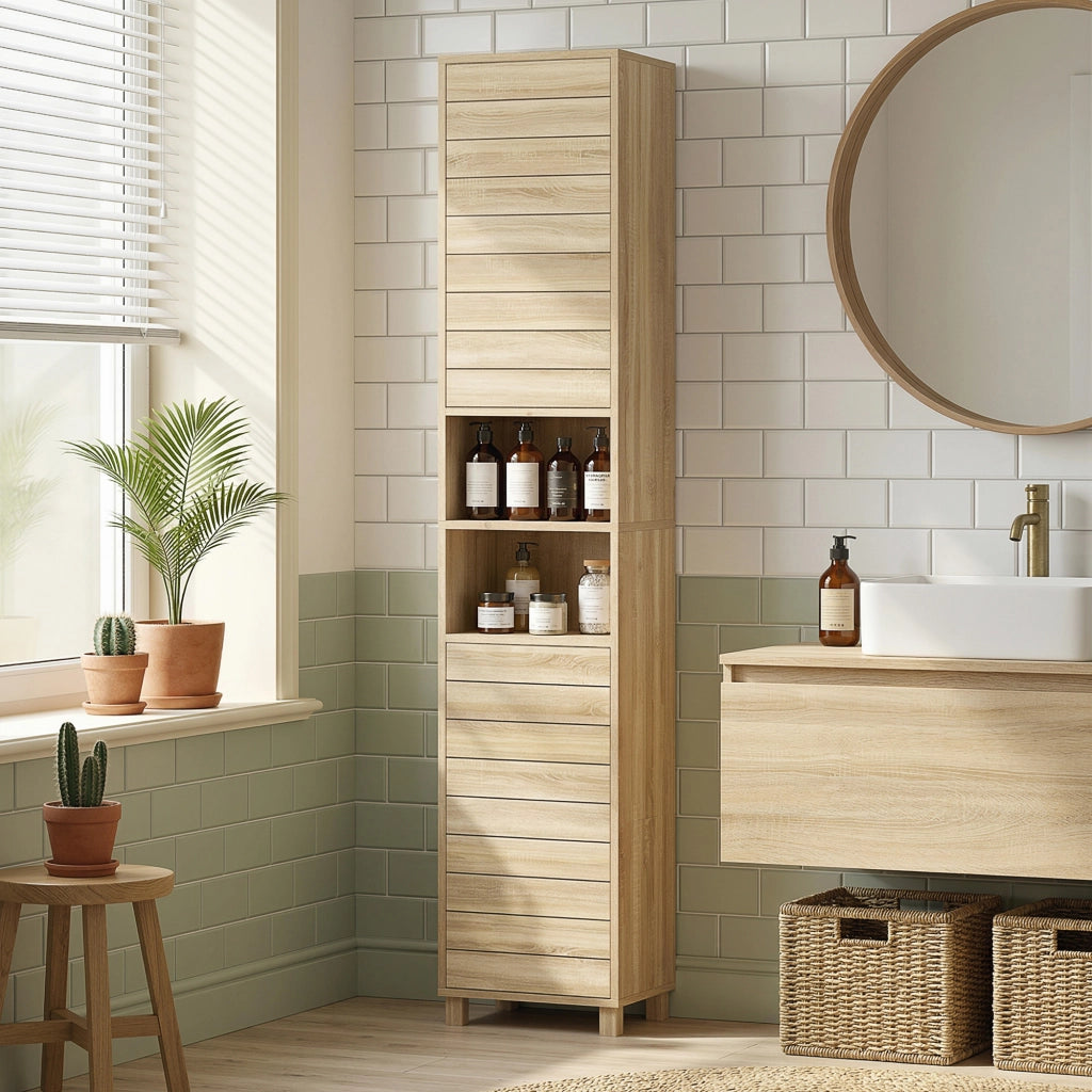 Armadietto Bagno Alto con Ripiani Regolabili ¨C Zephmum ¨C 34x23x170 cm Legno Naturale