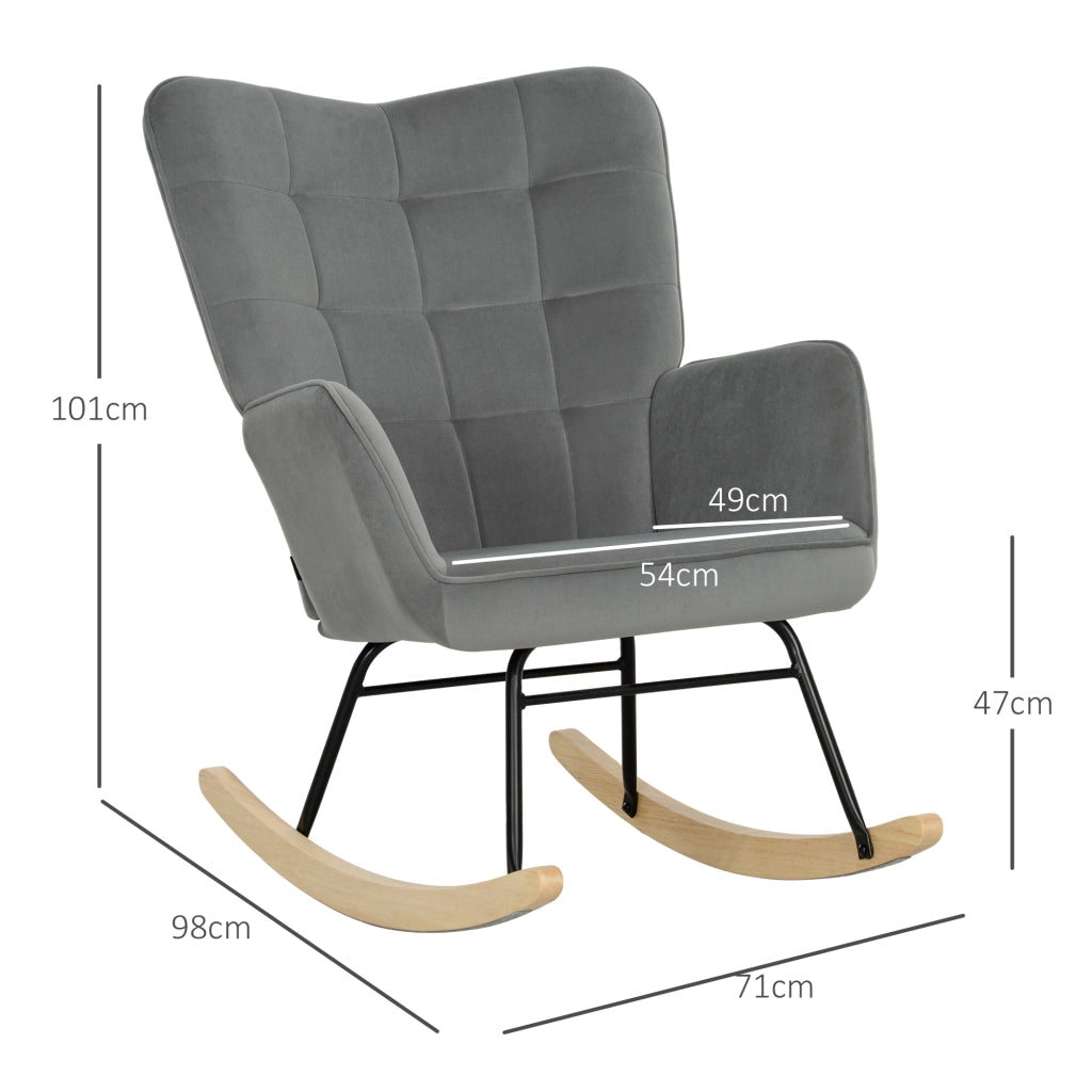 Poltrona a dondolo con rivestimento effetto velluto, braccioli, base in legno, Grigio scuro