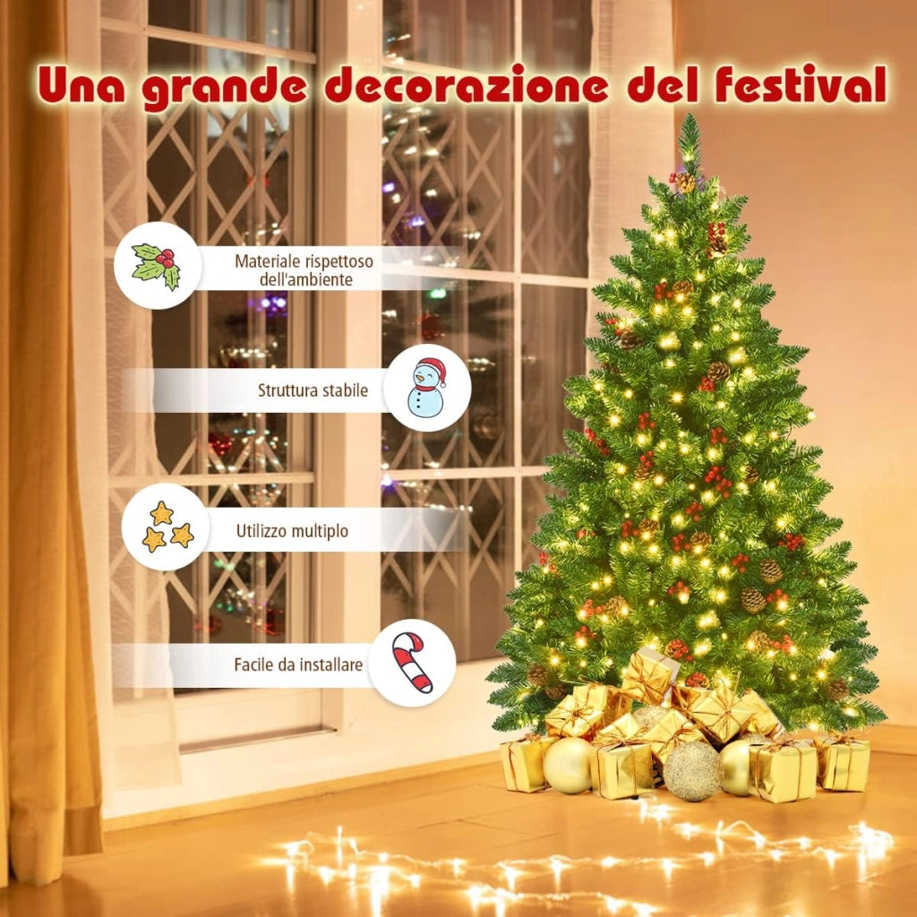 Albero di Natale da 135/195 cm, Albero di Natale Artificiale con 300/450 Luci LED Bianco Caldo, 516/1100 Rami, 32/56 Pigne e 32/56 Bacche Rosse e Base in Metallo, Verde (135cm)