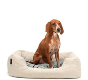 Mangiafagioli per cani con cuscino morbido e invertibile, letto per cani accogliente in tessuto a strisce con gradino basso per cani e gatti di tutte le dimensioni, 80x60 cm, letto morbido per cani, beige