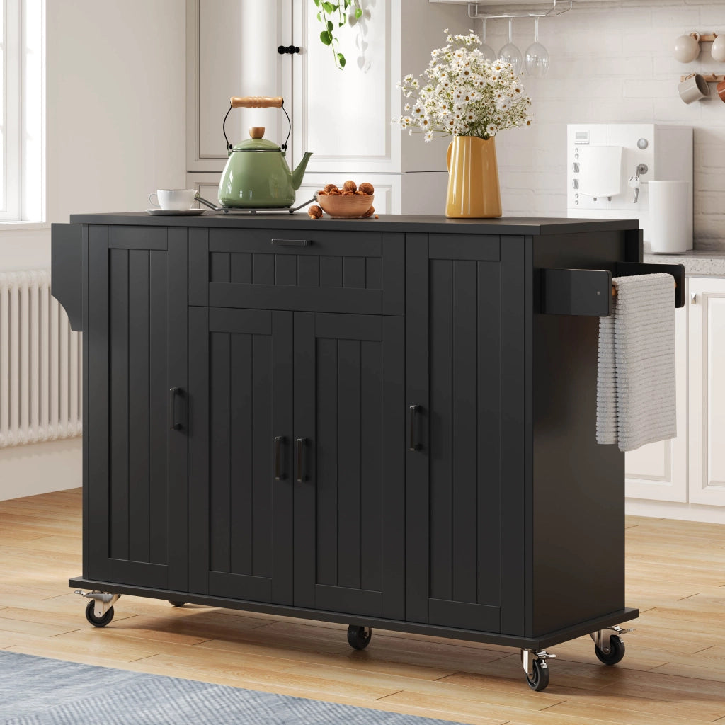 Carrello Da Cucina con 4 Ante 1 Cassetto e Piano Ribaltabile; Portasciugamani Laterali; in MDF; 120x45(70)x95 cm; Nero