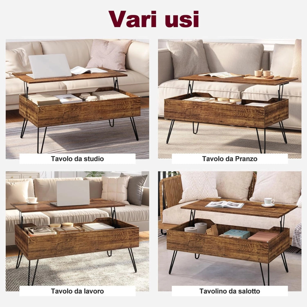 WOLTU Tavolino da Salotto, Tavolino da Caffè Sollevabile, Tavolino da Divano con Scomparto Nascosto, Stile Industriale, 95x50x(40-55,5) cm, Legno Marrone Vintage + Metallo Nero, BTS18hov