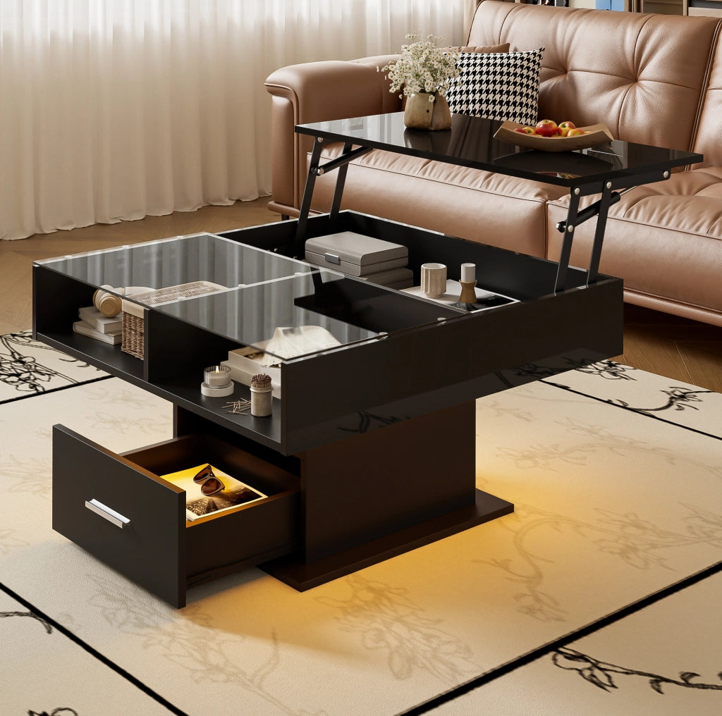 Tavolino da caffè elevabile LED nero 78x78 cm con vano