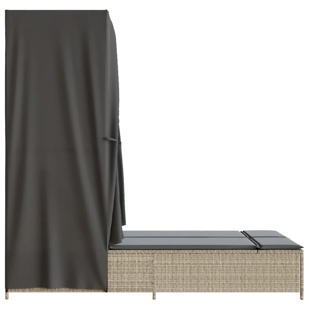 Lettino Prendisole | Sdraio da giardino | Lettino da sole Tetto e Tende Grigio Chiaro in Polyrattan