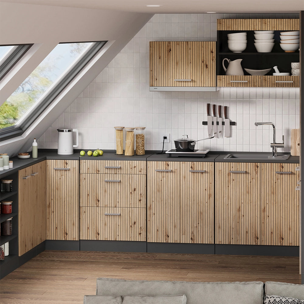 Mobile cucina sottotetto R-Line Rovere artigianale/Antracite 80 cm senza inclinazione con 2 ante Vicco