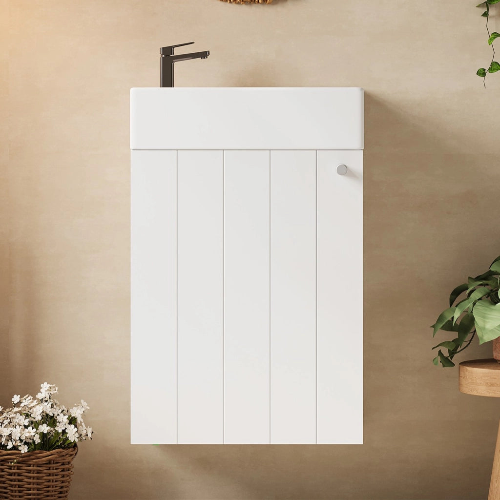 Mobile sottolavabo sospeso da bagno con 1 anta e chiusura soft-close, in MDF e ceramica, bianco, 41 × 23 × 62,5 cm